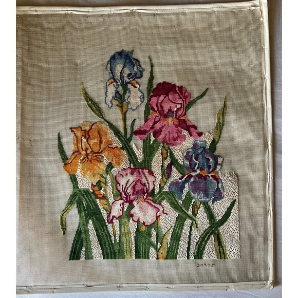 Hand-Stitched Needlepoint Iris Floral Canvas Art Unfinished w/ Materials & Bars - Picture 2 of 16